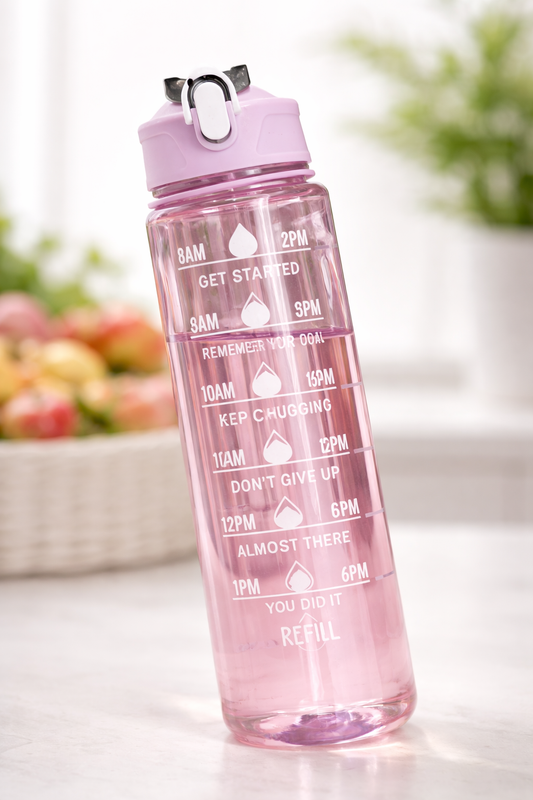 1000ML Motivational Time Marker Water Bottle – Leakproof BPA-Free Gym & Office Sipper (Pink)